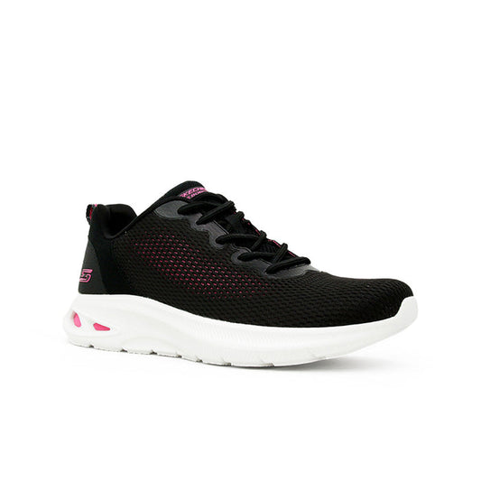 Black knit women’s sneaker with lace-up front and white cushioned sole