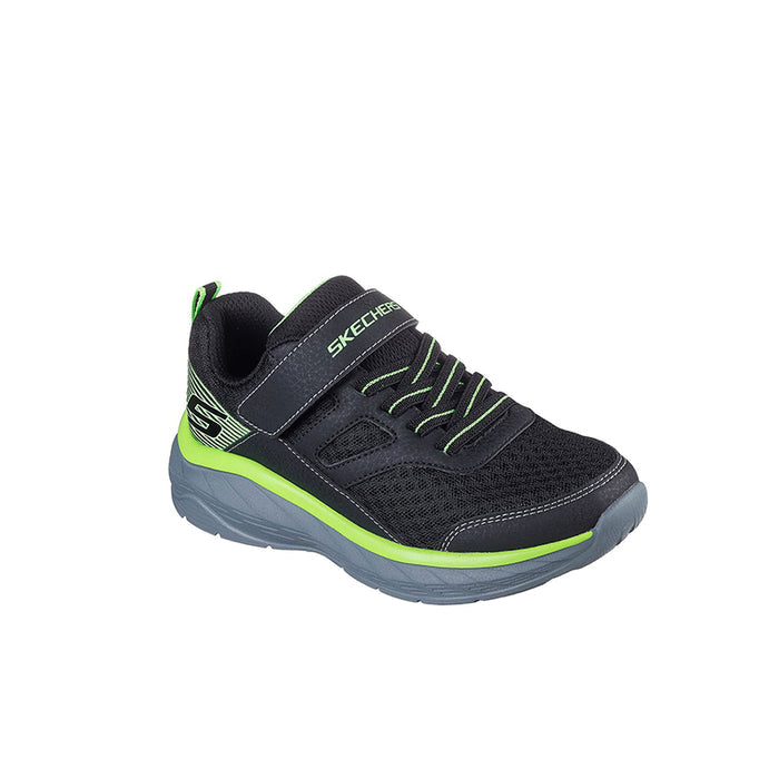 Boys black mesh sneaker with neon green trim and side strap