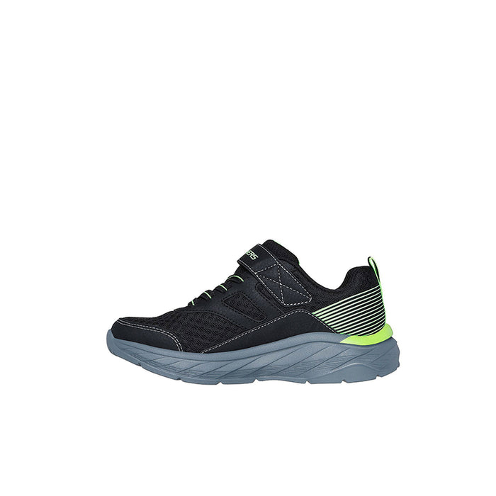 Boys black sneaker with neon green accents and hook-and-loop strap