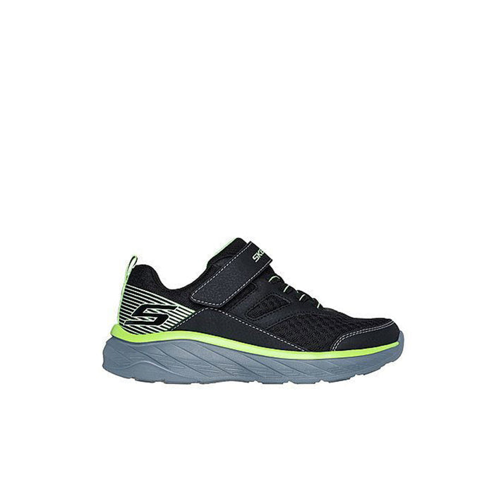 Boys black sneaker with neon green outsole and stitched side logo