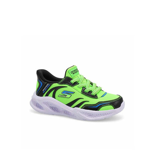 Lime green and black boys' lace-up sneakers with cushioned white sole