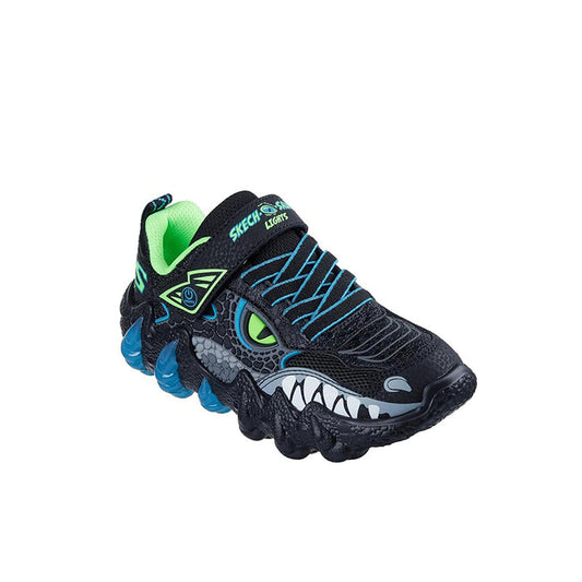 Boys' Skechers sneakers with neon green and blue accents, black mesh upper