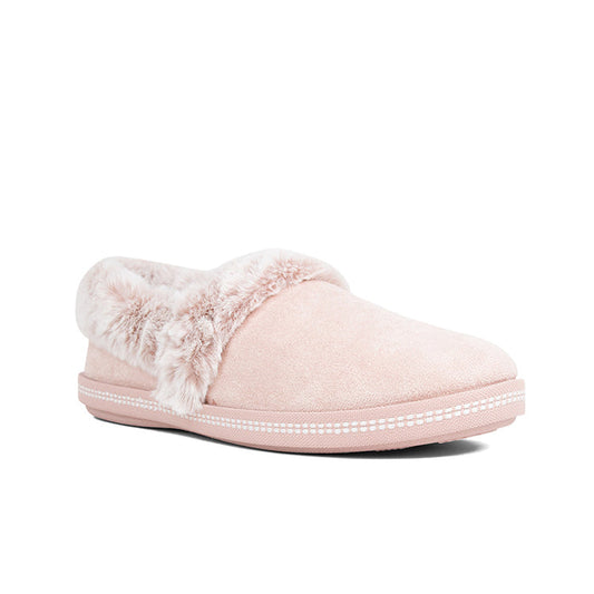 Pink suede-look slip-on slippers with plush furry cuff and cushioned rubber sole
