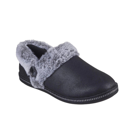 Women's black leather slippers with gray faux-fur lining and cuff strap