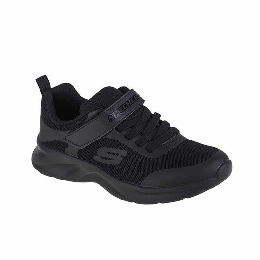 Girl's black Skechers sneakers with mesh upper, lace-up front, padded collar