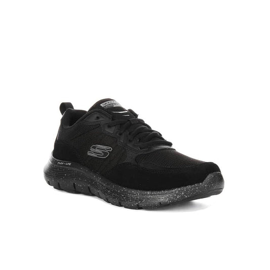 Black men’s mesh lace-up sneaker with cushioned sole and logo on side
