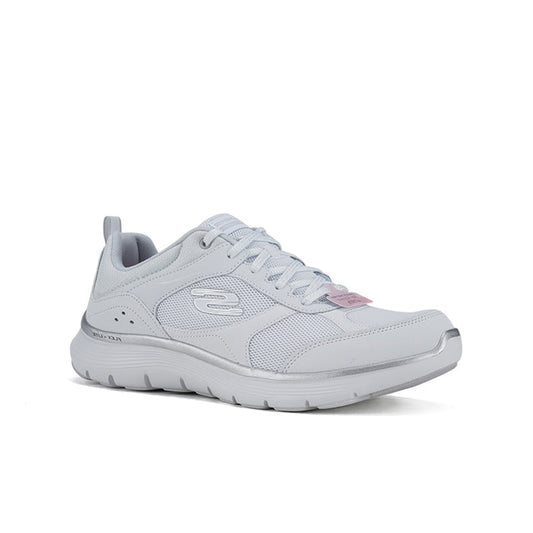 White and silver low-top sneakers with mesh upper, lace-up, cushioned sole