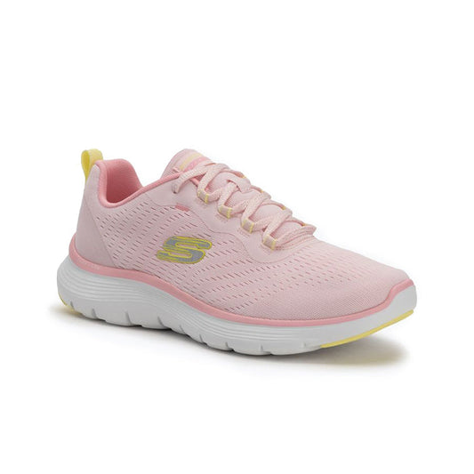 Pink textile women's sneaker with lace-up front and S logo, cushioned sole.