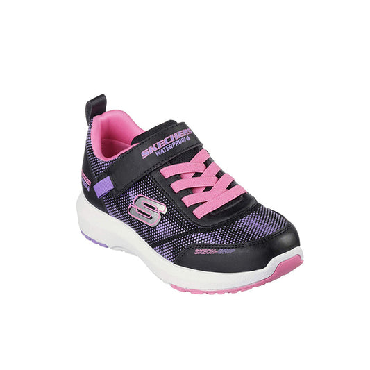 Girl's sneakers in dark navy with pink laces, purple trim, cushioned white sole