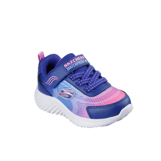 Girls navy and light blue sneakers with pink accents, lace-up and cushioned sole