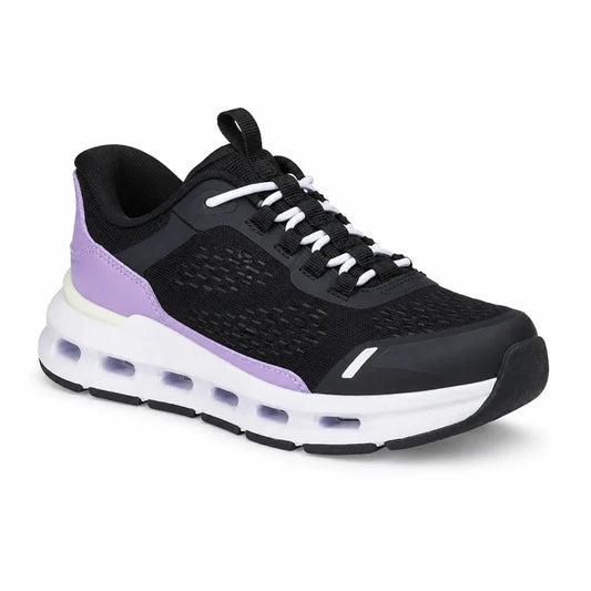 Girls' lace-up sneakers in black with purple side panel and white cushioning sole