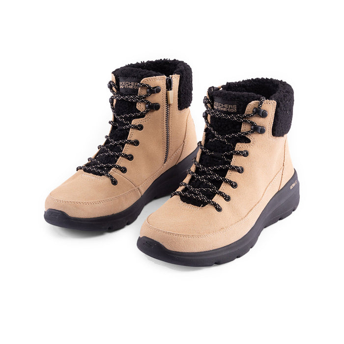 Beige lace-up ankle boots with black sherpa collar and padded rubber sole