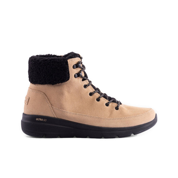 Beige mid-cut lace-up boots with black faux-fur collar and thick dark sole