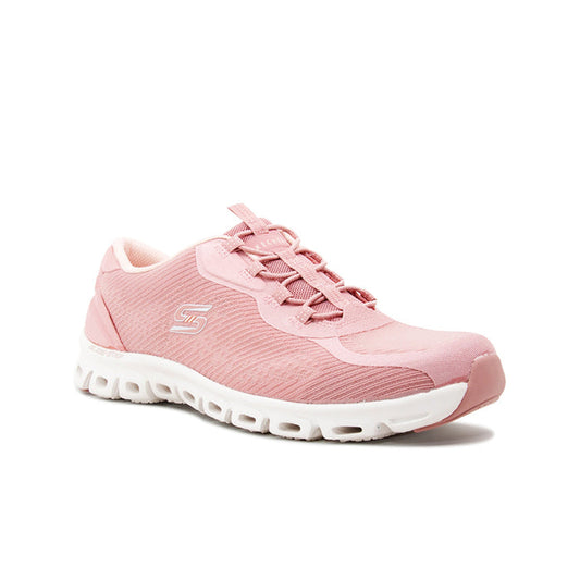 Pink textile women’s sneaker with lace-up front and cushioned sole