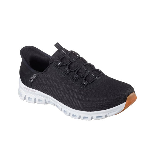 Black Skechers lace-up textile sneaker with textured knit upper and pod midsole.