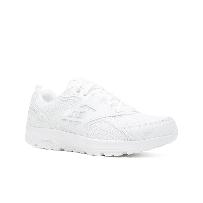 White women's running sneaker with mesh upper, lace-up front, padded collar, tread sole