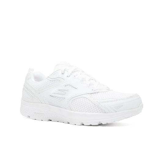White women's running sneaker with mesh upper, lace-up front, padded collar, tread sole
