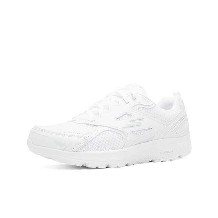 White women's running sneaker with lace-up front, mesh upper, chunky tread sole