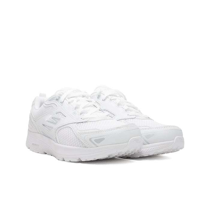 White women's running sneaker with molded side panels, lace-up closure, grippy tread sole