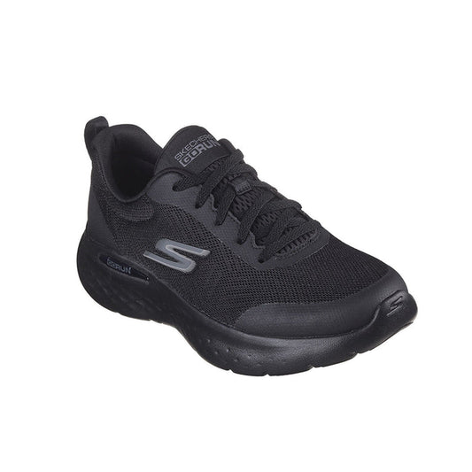 Black lace-up running sneakers with Skechers S logo and cushioned sole
