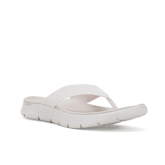 Women's slide sandal with cushioned sole and crisscross strap, light neutral upper