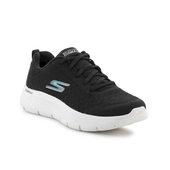 Women’s black textile lace-up sneaker with white sole and Skechers logo on side