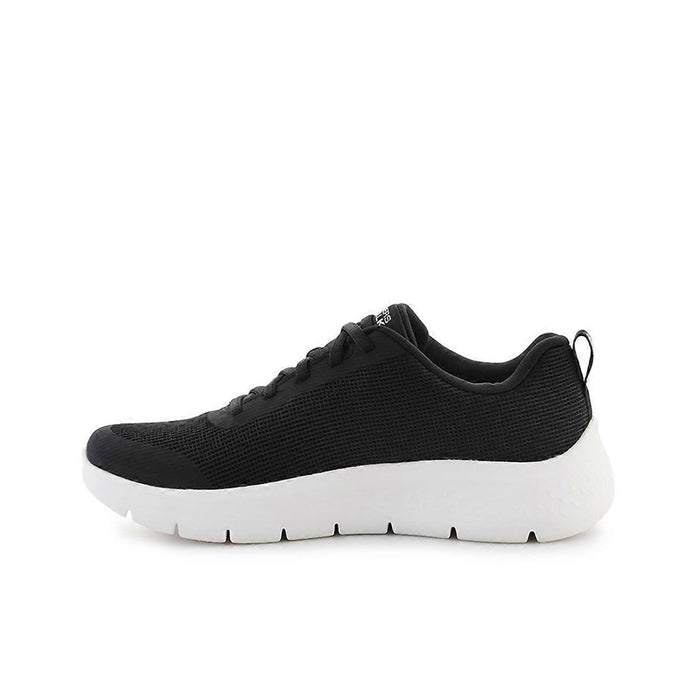 Women’s black textile lace-up sneaker with white midsole and treaded outsole