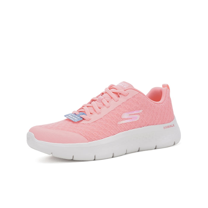 Women’s pink textile lace-up sneaker with cushioned collar and white outsole