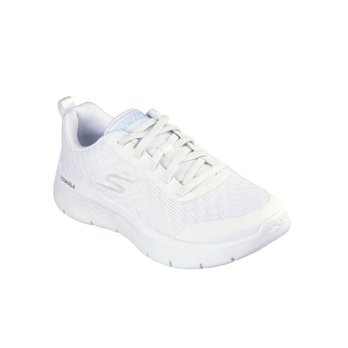 Women’s white textile lace-up sneaker with blue accent heel tab and white sole