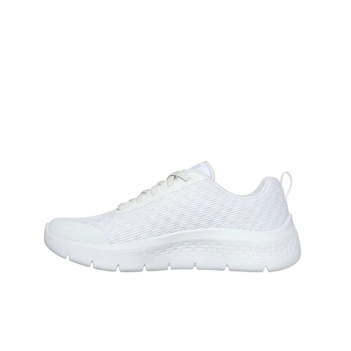 Women’s white textile lace-up sneaker with thick white sole and padded collar