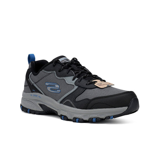 Men's casual sneaker, black and dark gray with blue accents and chunky tread