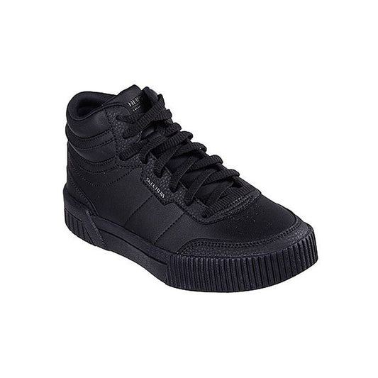 Black high-top women's sneakers with lace-up, padded collar, and thick ribbed sole