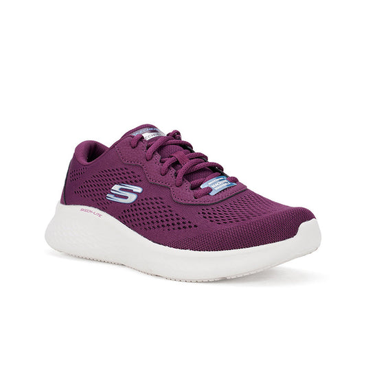 Purple Skechers textile women's sneaker with lace-up front and white midsole