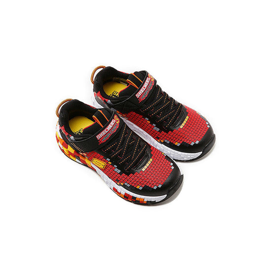 Boys' black and red chunky sneakers with patterned mesh and orange lace accents