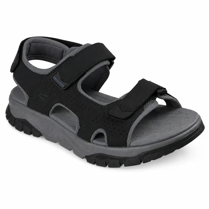 Men’s three-strap river sandals, black, cushioned footbed and adjustable hook straps