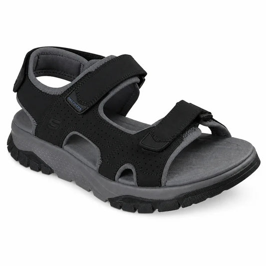 Men’s three-strap river sandals, black, cushioned footbed and adjustable hook straps