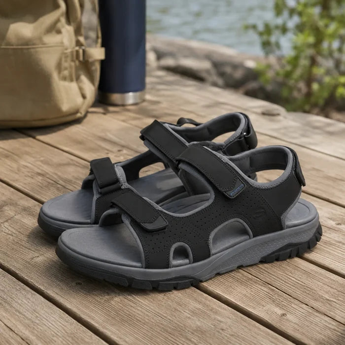 Men’s black three-strap river sandals, perforated upper and thick tread outsole