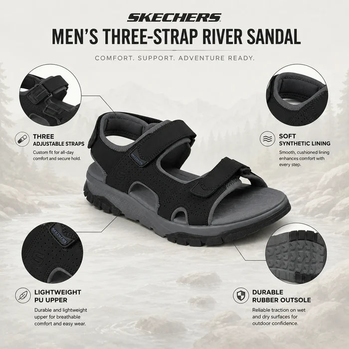 Men’s black three-strap river sandal, durable rubber outsole and adjustable straps