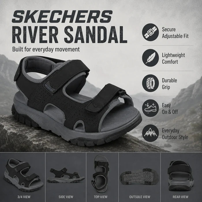 Men’s black three-strap river sandal with adjustable fit and grippy tread outsole