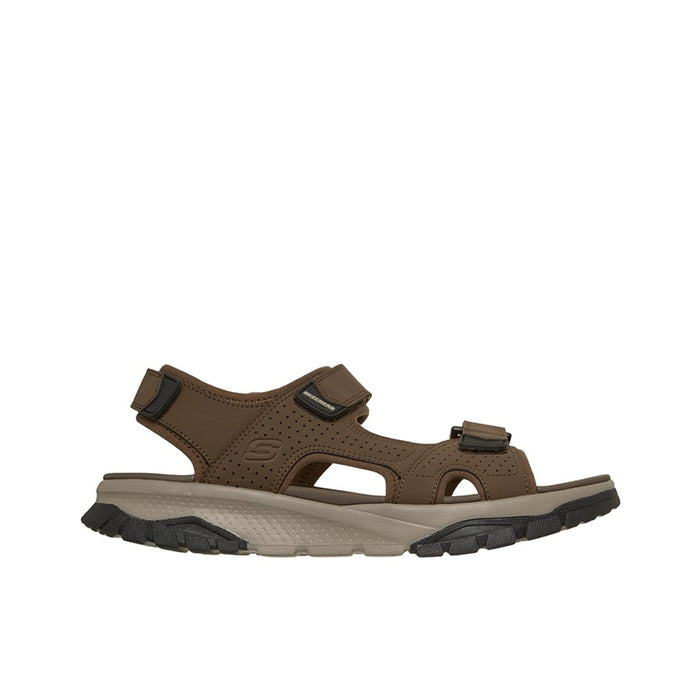 Men’s three-strap river sandals, brown, adjustable hook straps and cushioned sole