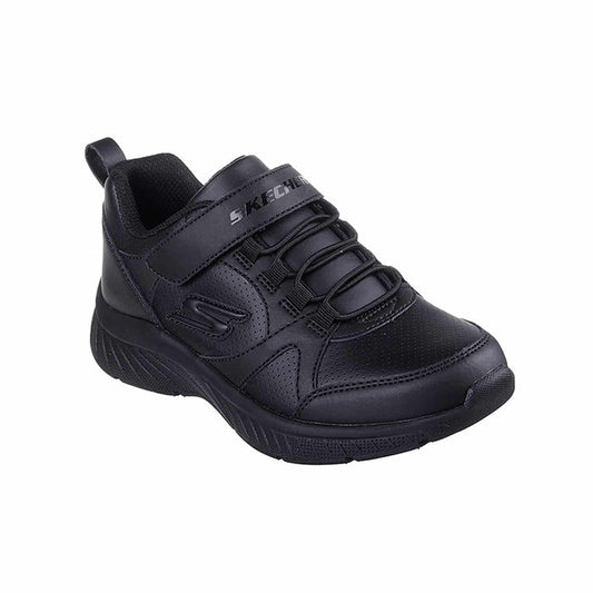 Girls black athletic sneakers with hook-and-loop strap, laces, and chunky tread sole