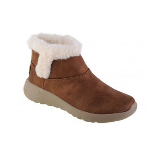 Brown suede ankle boot with white faux-fur collar and cushioned sole