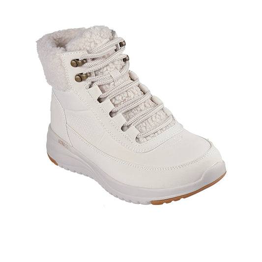 Women's casual lace-up winter boot, light beige with faux-fur collar and padded sole