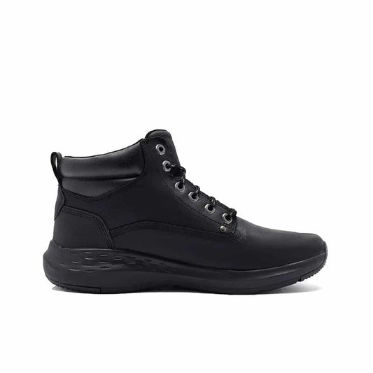 Black men's leather lace-up winter boots, padded collar and patterned rubber sole