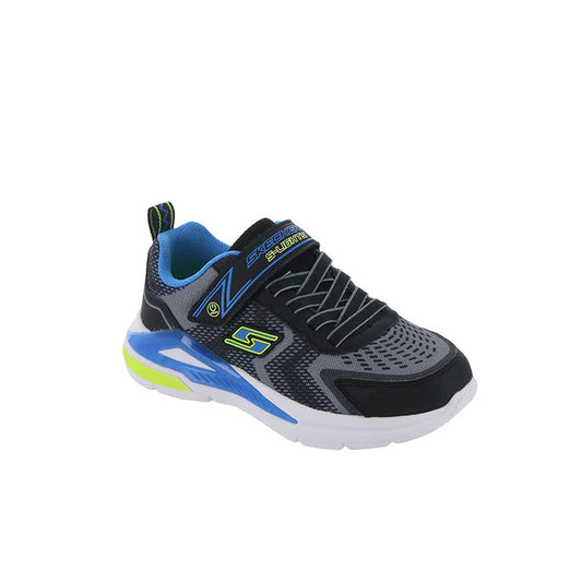 Boys' light-up sneakers in black with blue and green accents, chunky white sole