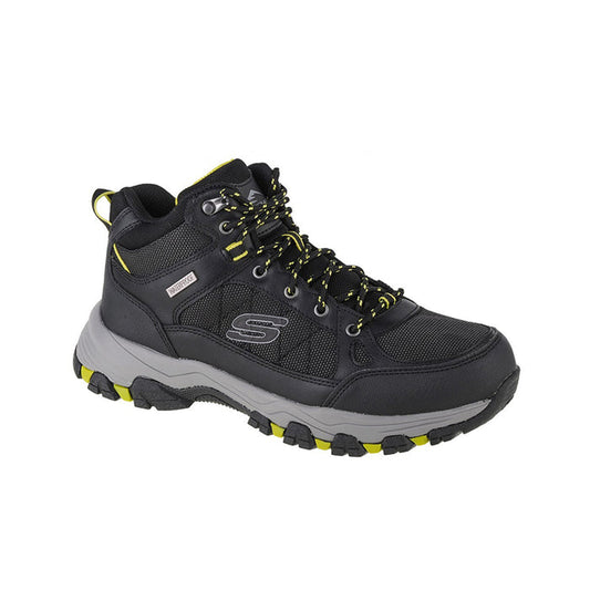 Men's leather lace-up outdoor boots, black with yellow lace accents and thick sole