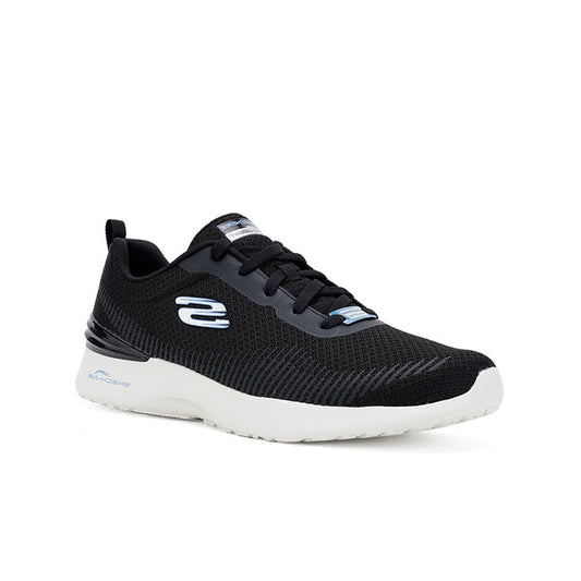 Black textile lace-up sneaker with cushioned sole, side logo, and blue heel accent