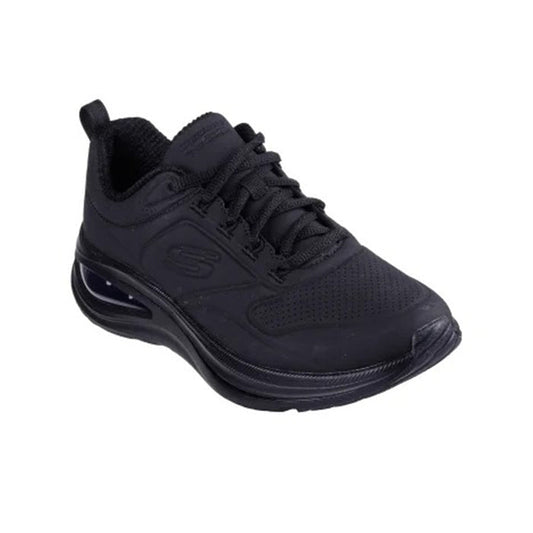 Black women's lace-up Skechers sneaker with air-cushioned sole
