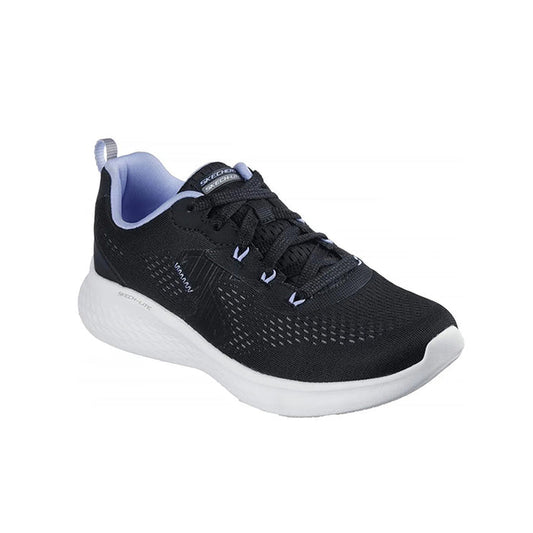 Women’s black lace-up textile sneakers with blue heel lining and white cushioned sole