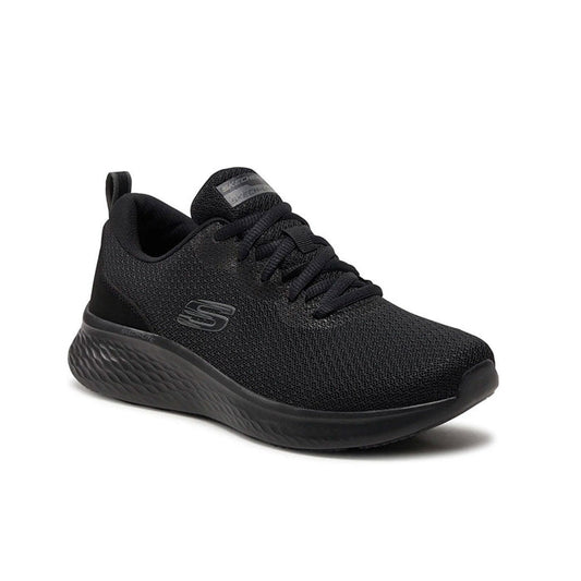 Black knit low-top sneaker with lace-up and cushioned textured sole